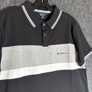 Ben Sherman Mens Colorblock Polo Shirt Black Grey White Medium Preppy Minimalist